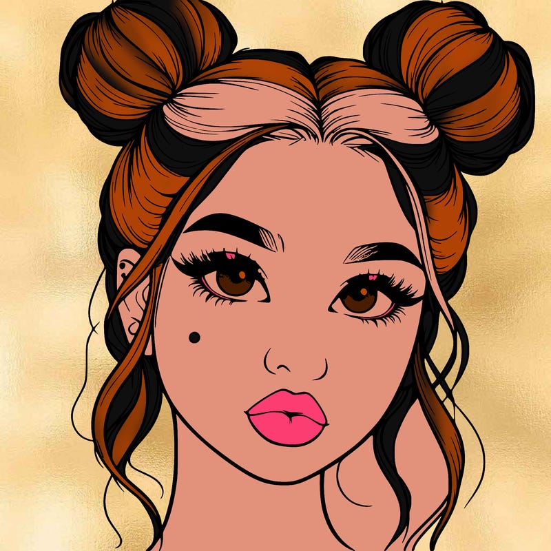 realistic girl with two buns on her hair and lips