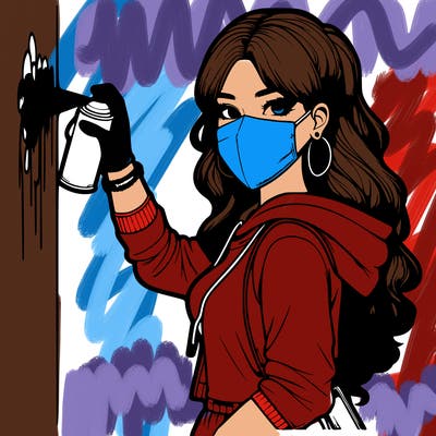 realistic girl with mask spray painting a wall