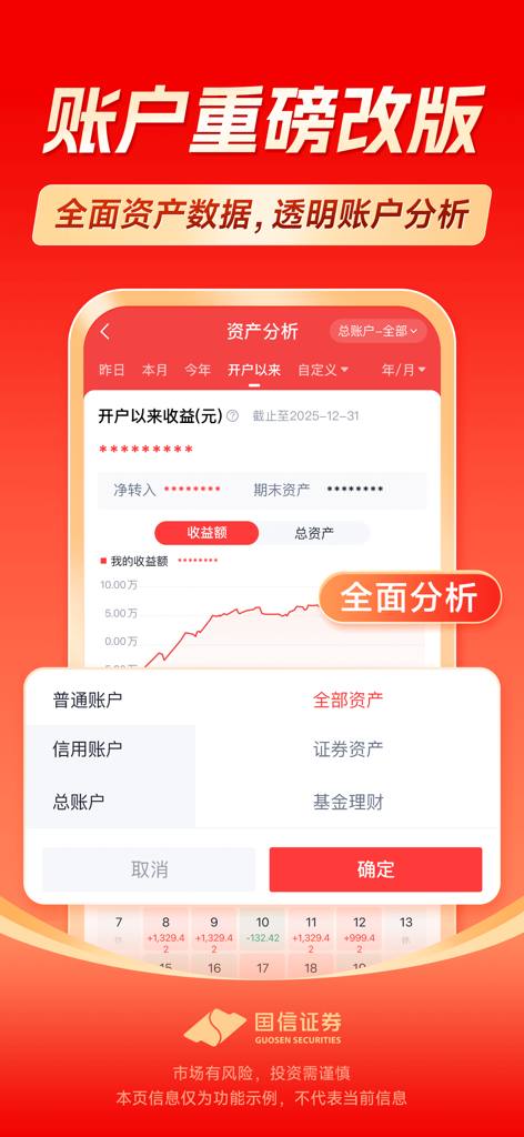 Benutzeroberfläche der Guosen Golden Sun App mit Asset-Analyse und Portfolio-Performance-Charts.
