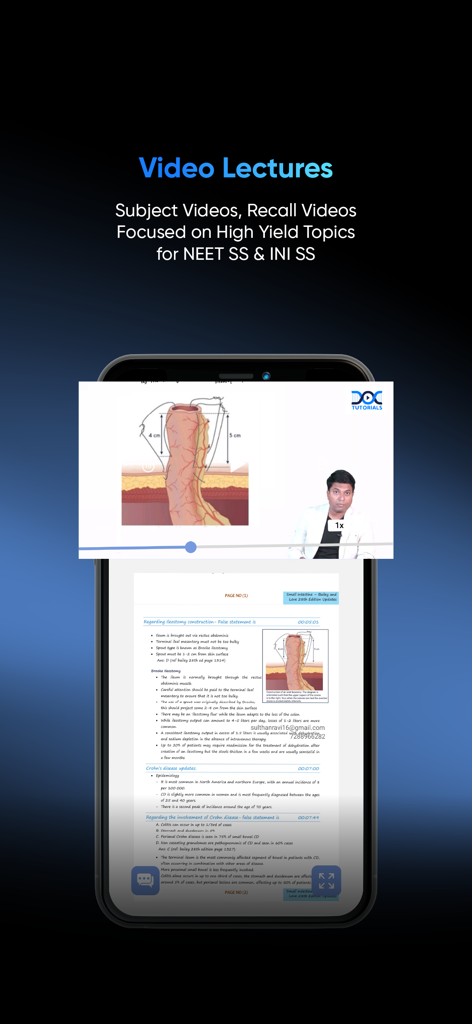 DocTutorials-NEET PG, SS, FMGE - Mobile app screen showing a medical video lecture and study notes for NEET SS exam preparation