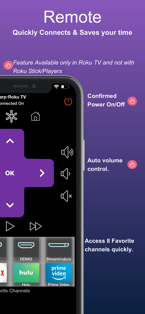 Interfaz de la aplicación de control remoto Roku TV que muestra acceso directo a alimentación, volumen y canales de navegación