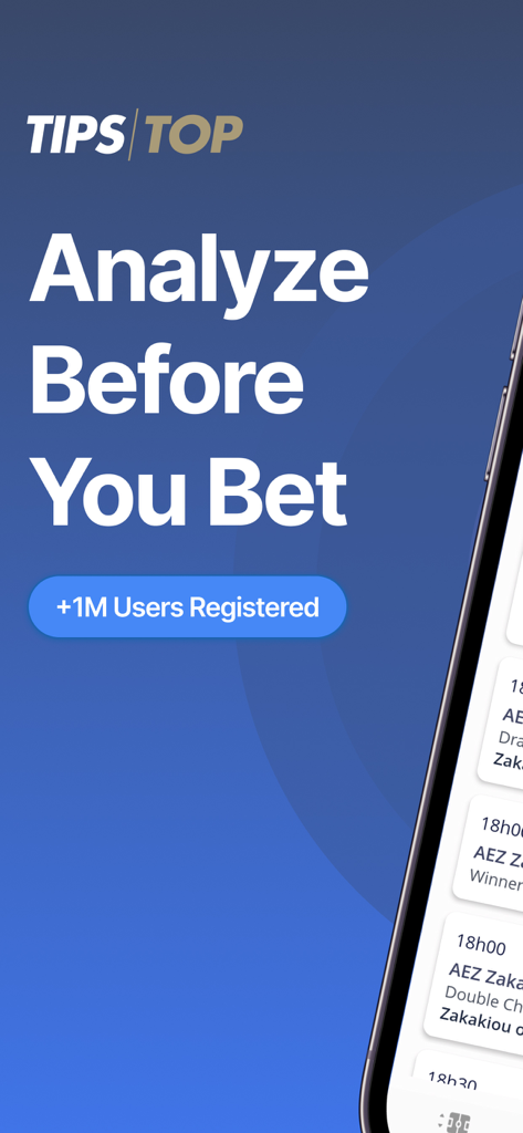 TIPSTOP: Sports Betting Tips - TIPSTOP app promotional screen with the slogan Analyze Before You Bet and mention of over one million registered users