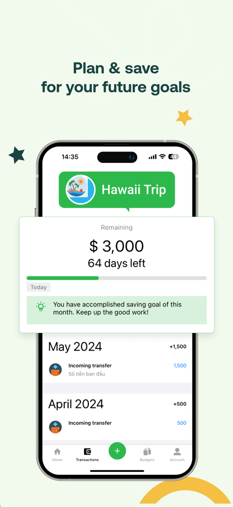 Money Lover app interface showing a savings goal for a Hawaii trip with progress and remaining days.