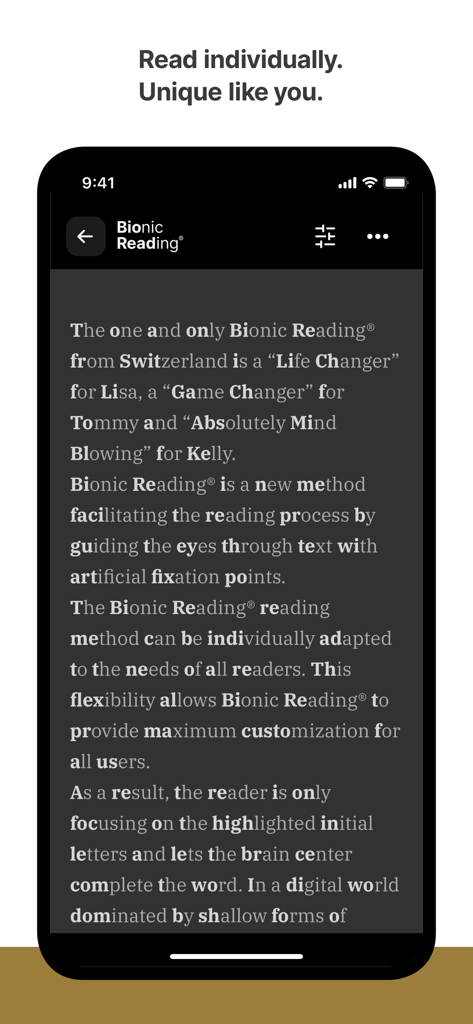 Bionic Reading® - A smartphone screen displaying the Bionic Reading app reader with bolded word beginnings to enhance focus and reading speed.