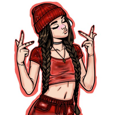 realistic teenage girl with braids and a beanie and crop top doing 🫶🏼