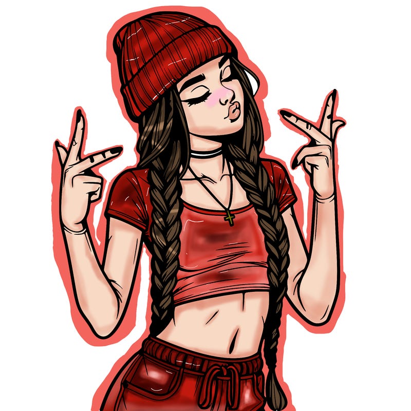 realistic teenage girl with braids and a beanie and crop top doing 🫶🏼