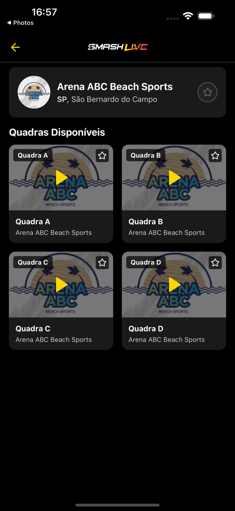 Smash Live - Smash Live app interface showing a list of available sports courts for live streaming at Arena ABC Beach Sports.