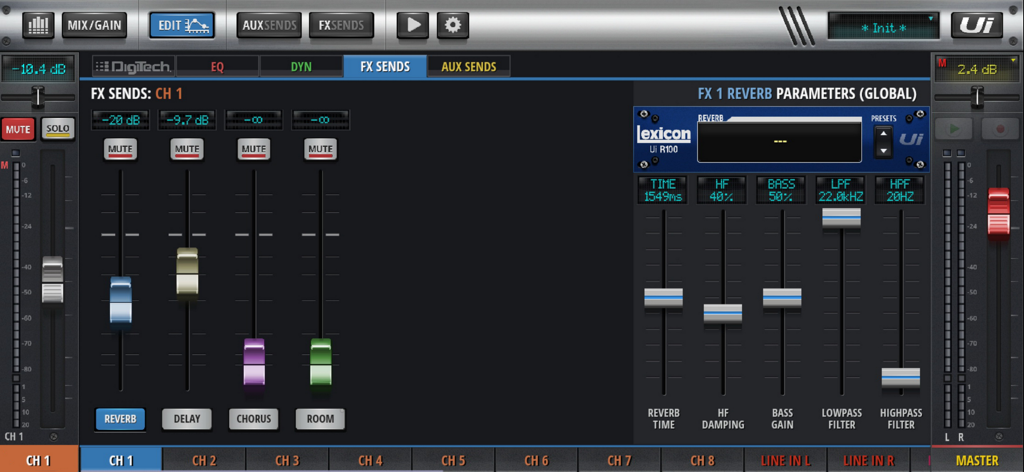 MyMixTool interface displaying FX sends and Lexicon reverb parameters for a Soundcraft Ui series digital mixer