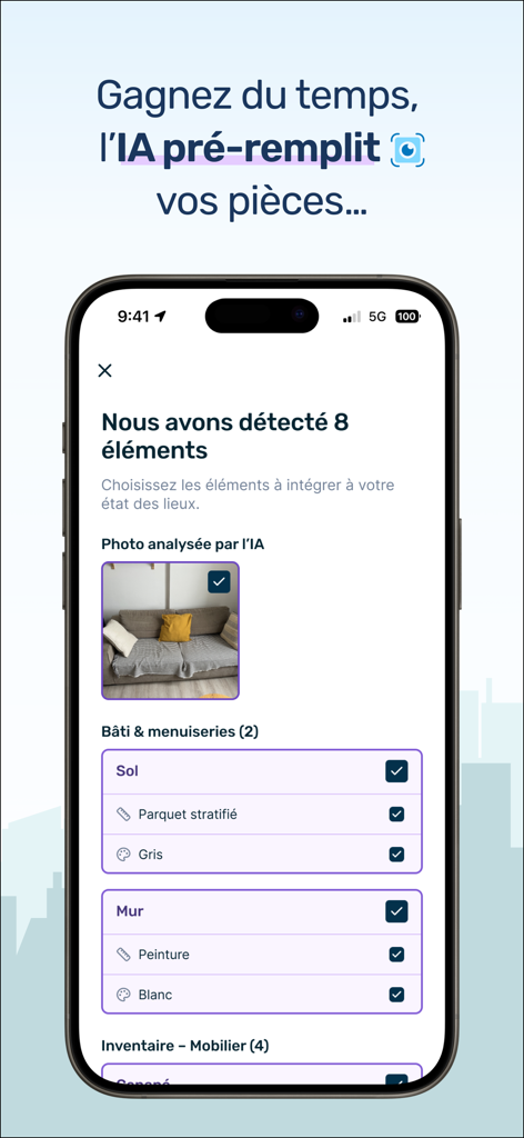 nockee - États des lieux - Nockee app screen showing AI detection of furniture and room materials for an automated property inspection report