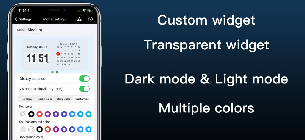 Interfaz que muestra los ajustes de personalización del widget digital Flip Clock con opciones de color y estilo.