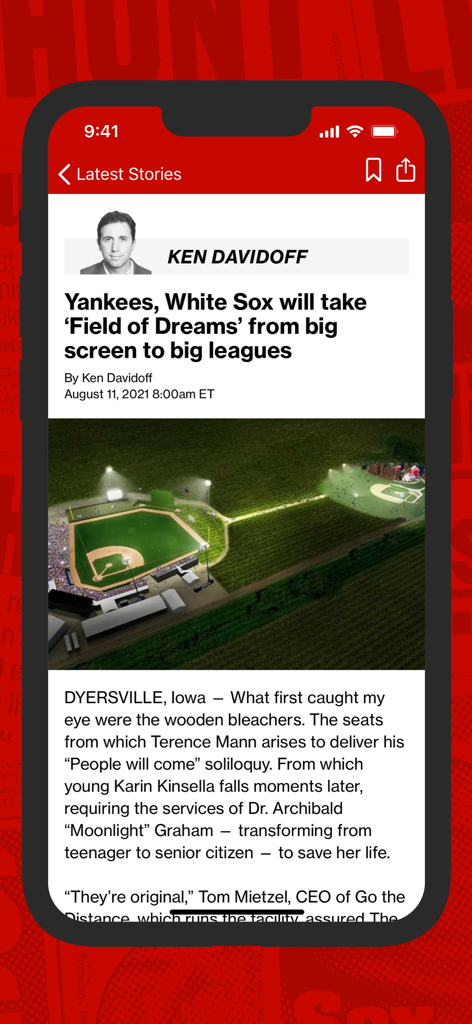 New York Post for iPhone - New York Post app displaying a sports news article about the Yankees and White Sox at the Field of Dreams