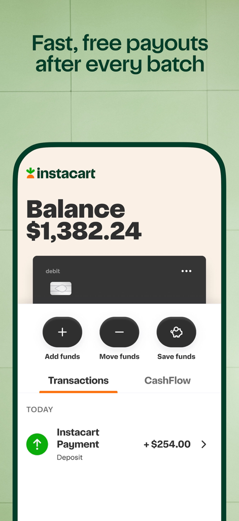 Interface do aplicativo Instacart Shopper Rewards mostrando o saldo da conta e transação de pagamento de entrega recente