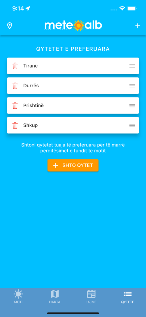 MeteoAlb - Interface of the MeteoAlb app showing a list of favorite cities for weather tracking including Tirana, Durres, Pristina, and Skopje