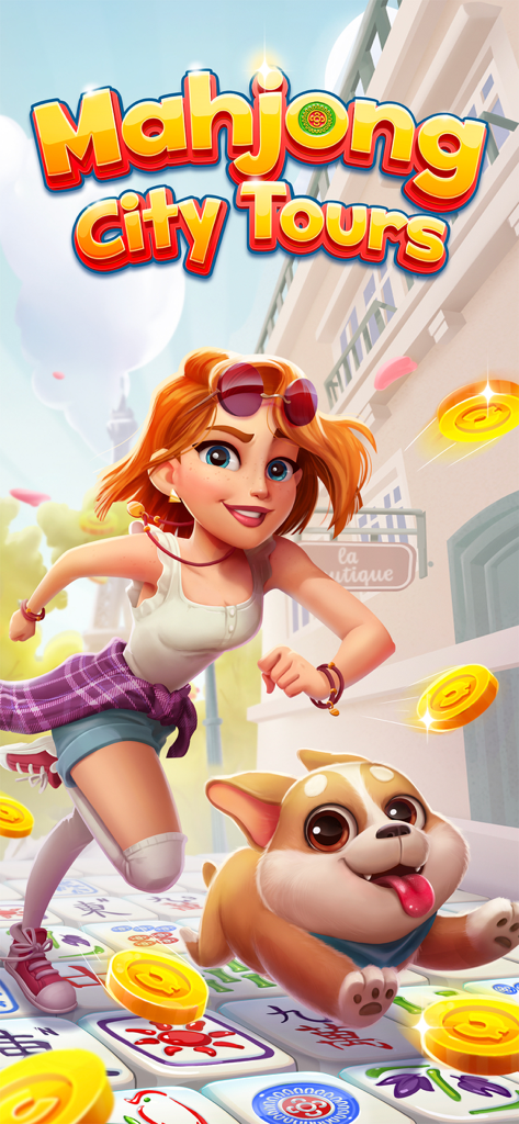 Una joven y su corgi corriendo por un camino de fichas de mahjong en una ciudad soleada.