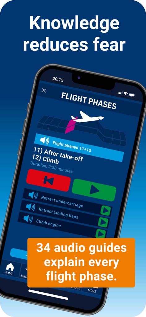 PassengerGuard: Fear of Flying - Captura de pantalla de la aplicación PassengerGuard que muestra guías de audio para fases del vuelo como despegue y ascenso para reducir el miedo a volar