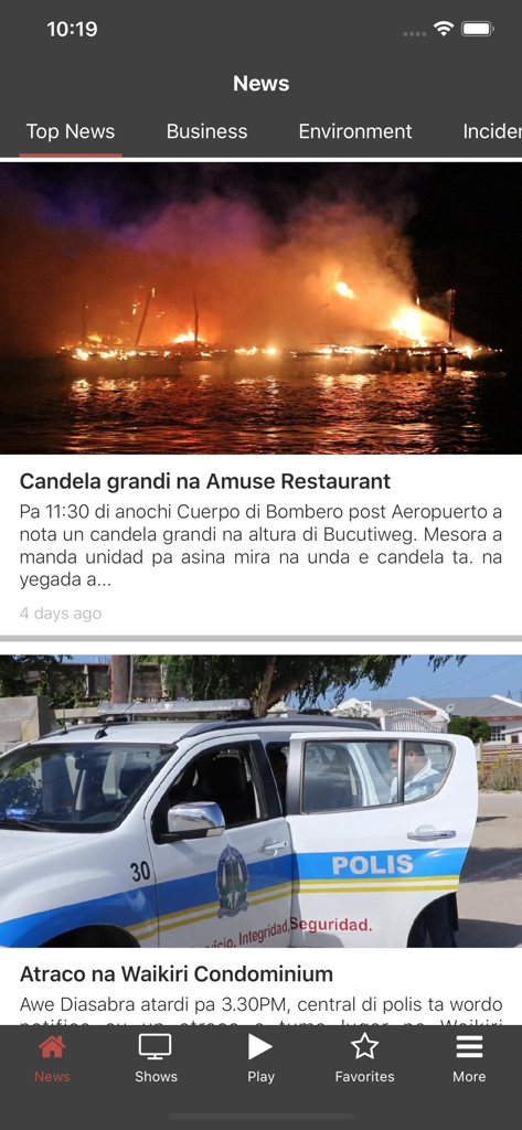 Telearuba app interface showing a feed of local news articles from Aruba with headlines in Papiamento