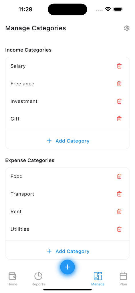 Pantalla de aplicación móvil que muestra la interfaz de Gestión de Categorías con listas de categorías de ingresos y gastos como salario y comida