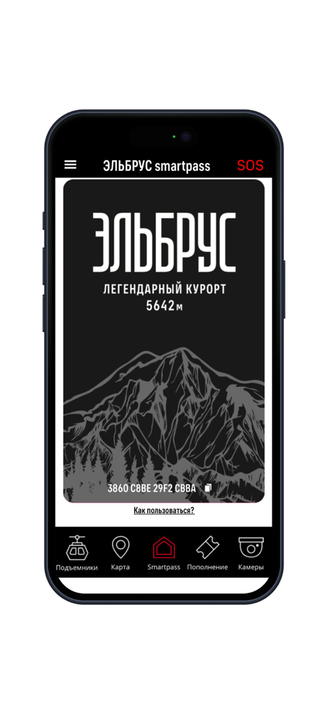 Эльбрус SmartPass - Interfaz de la aplicación Elbrús SmartPass mostrando un pase digital de resort de montaña en un iPhone