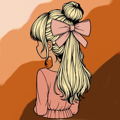 realistic girl  with hip length hair a bun and a big bow on the back of head