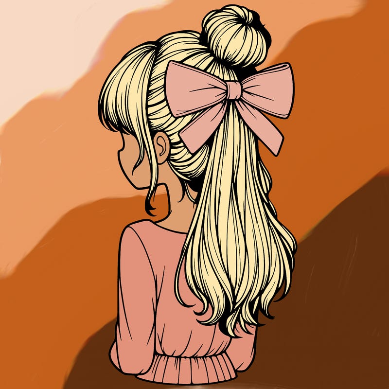 realistic girl  with hip length hair a bun and a big bow on the back of head