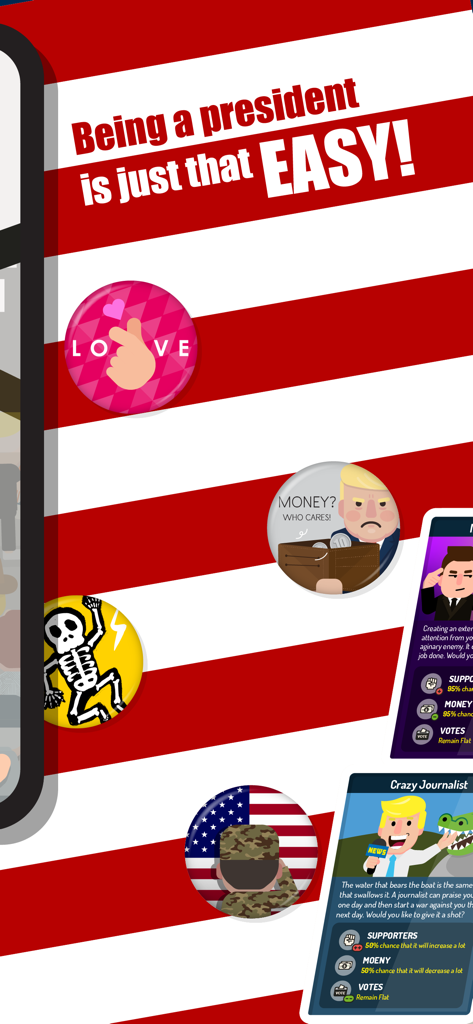 Hey! Mr. President - Gameplay screenshot of the Hey! Mr. President mobile game featuring political badges and caricatures on a red and white striped background.