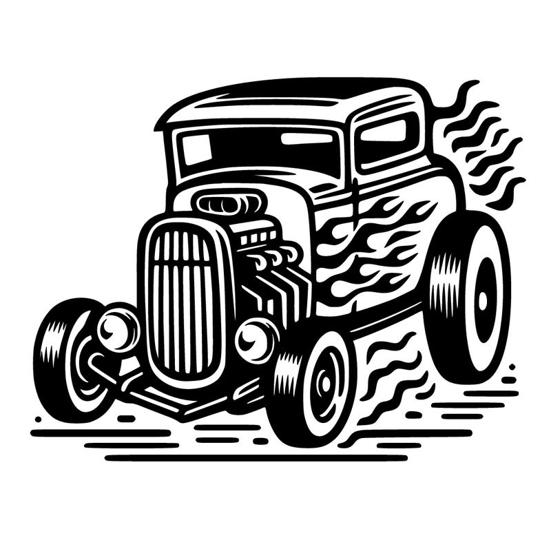 <hot rod car> with <flames on the sides>