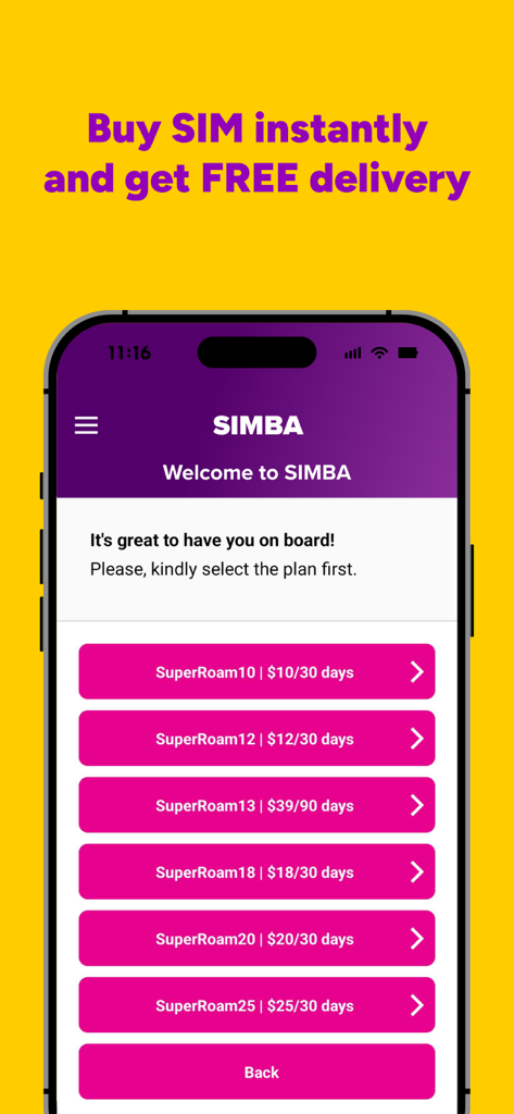 Interface of My SIMBA app showing various SuperRoam mobile plan options.