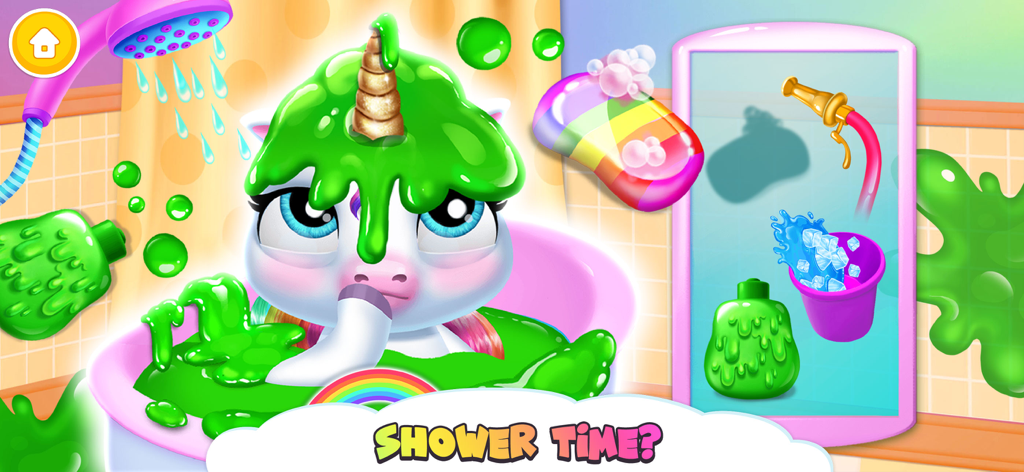 A cute virtual baby unicorn covered in green slime during a bath mini game