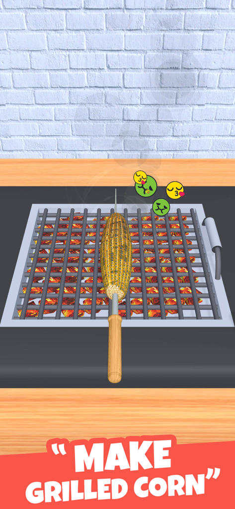 Perfect Popcorn: Food Games - Uno screenshot di gioco di Perfect Popcorn Food Games che mostra una pannocchia su uno spiedo che viene grigliata su carboni ardenti con il testo Make Grilled Corn