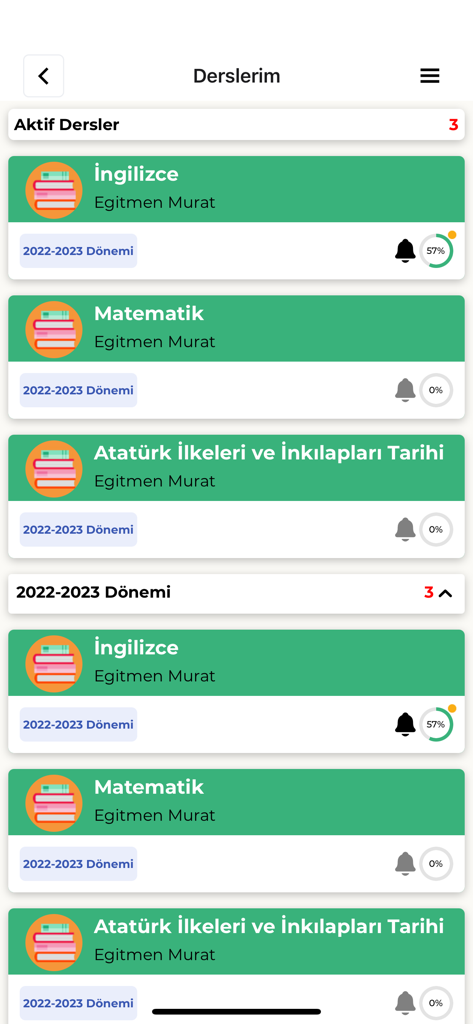 K365 - A list of active educational courses and student progress shown on the K365 mobile application.