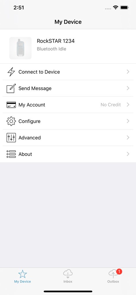 YB Connect - Main menu of the YB Connect app showing configuration and connection options for a RockSTAR satellite tracker