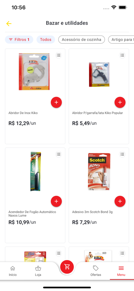 Rossi Delivery - Supermercado - Mobile app screen of Rossi Delivery showing kitchen tools and household utility products with prices in Brazilian Real