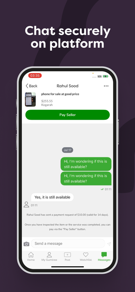 Interfaz de la aplicación Gumtree que muestra una conversación de chat segura entre un comprador y un vendedor con un botón de pago al vendedor.