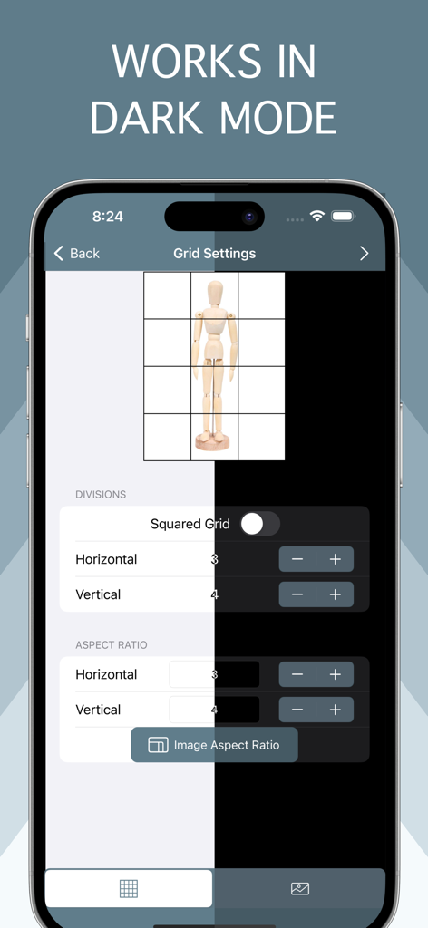 Tracing Buddy: Drawing Grid - Tracing Buddy app interface displaying grid configuration options in both light and dark mode