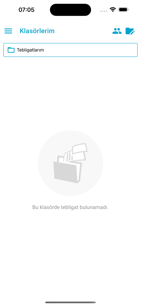 UETS - Interface do usuário do aplicativo UETS mostrando a seção de pastas sem notificações ativas.