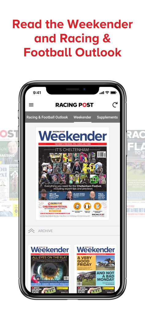 Racing Post Newspaper - iPhone mostrando la edición Weekender en la aplicación Racing Post Newspaper