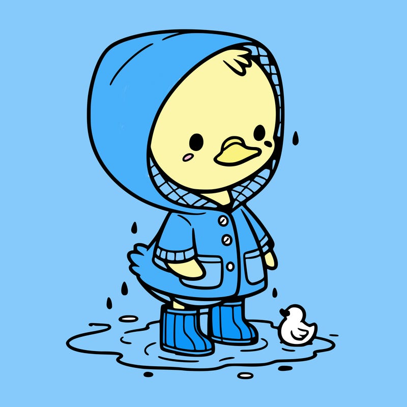 baby duck in a rain coat and boots, in a puddle while it’s raining