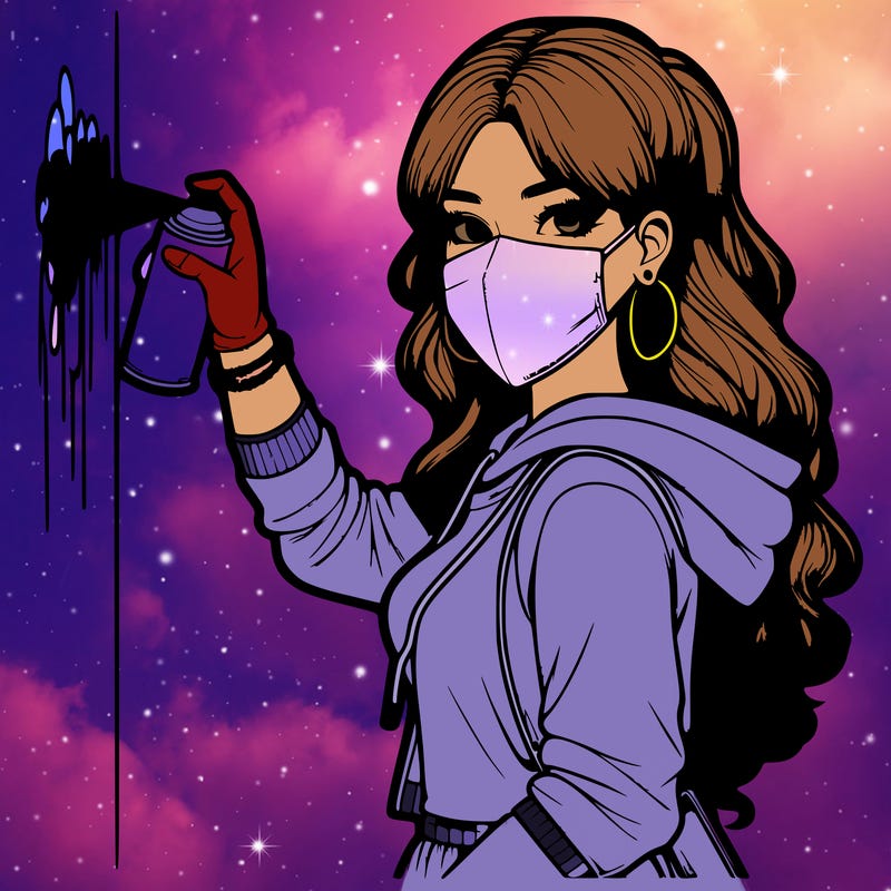 realistic girl with mask spray painting a wall