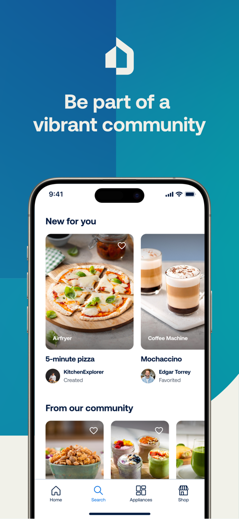 HomeID (Kitchen+) - Interfaccia dell'app HomeID che mostra ricette della community per pizza con friggitrice ad aria e caffè