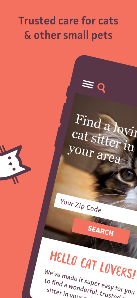 Écran de recherche de l'application Cat in a Flat pour trouver un toiletteur de chats local par code postal.