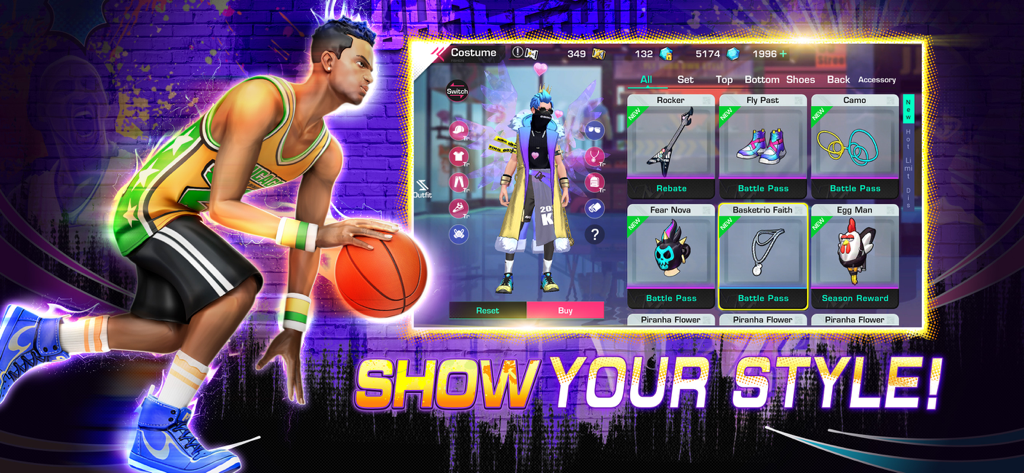 Basketrio: Allstar Streetball - Basketrio character customization menu showing various streetwear outfits and accessories