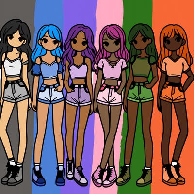 a group of girls wearing crop tops and shorts