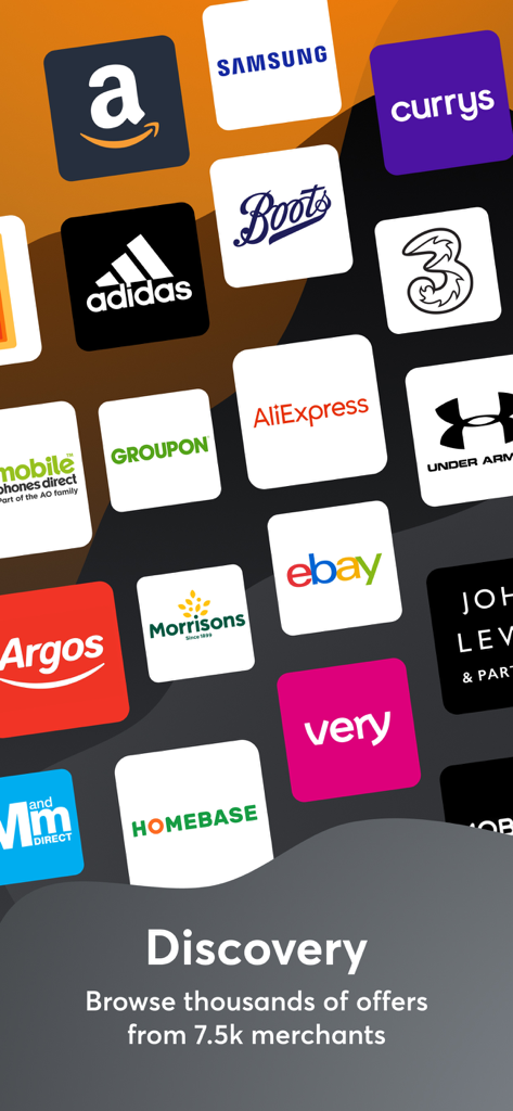 hotukdealsアプリで見られるAmazon、Samsung、Adidasなどの大手小売業者のロゴのグリッド