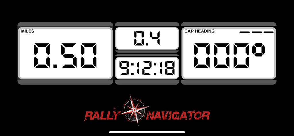 Rally Roadbook Reader app landscape view showing digital odometer and compass heading