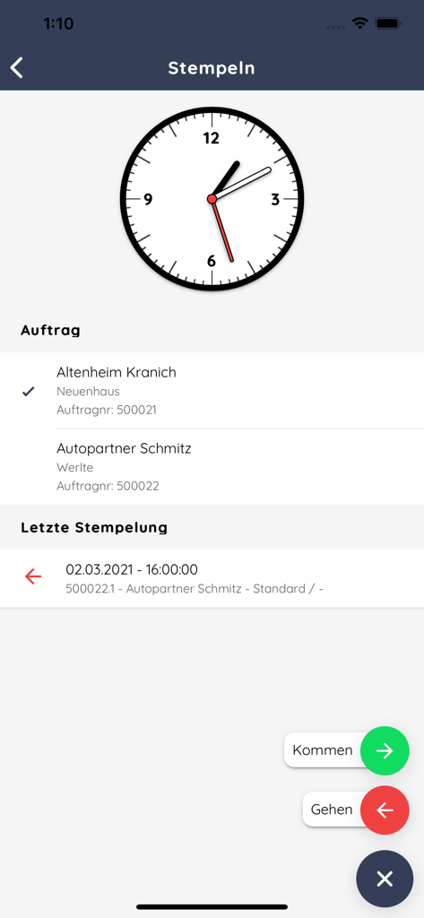 zvoove Work - Zeiterfassungs-Schnittstelle der zvoove Work App zum Ein- und Ausstempeln für Schichten.