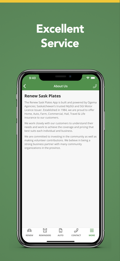 Renew Sask Plates - About Us screen of the Renew Sask Plates app showcasing Ogema Agencies information