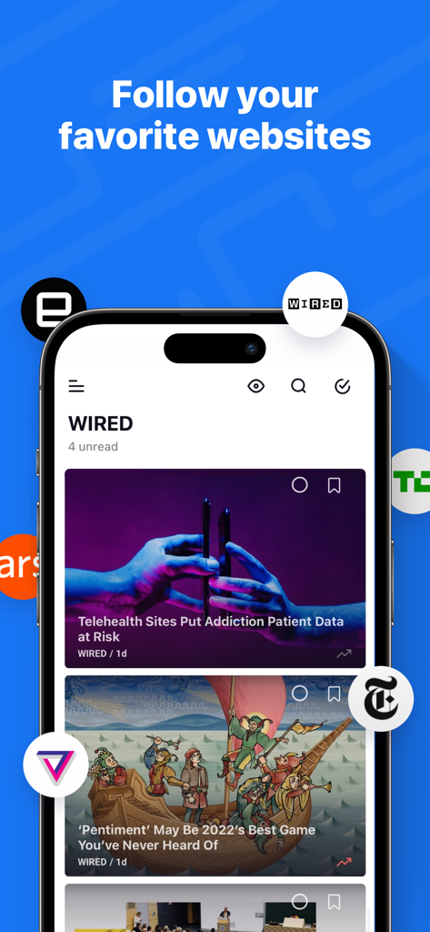 Inoreader: News & RSS reader - Wired의 기사와 주요 출판물 로고가 표시된 뉴스 피드를 보여주는 Inoreader 앱의 iPhone 스크린샷