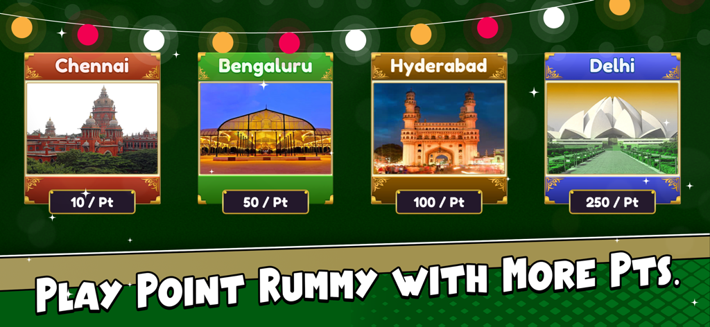 Rummy - The Card Game - Pantalla de selección para Rummy de Puntos con mesas temáticas de ciudades indias