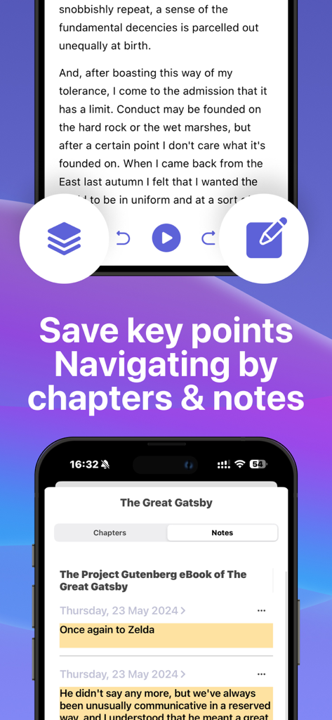 Synthy: Read aloud Text, Docs - Synthy app interface showing how to save key points and navigate through text using chapters and notes.