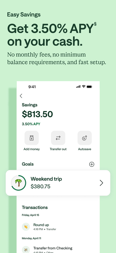 Chime mobile app interface showing a savings account balance with three point five zero percent APY and a weekend trip savings goal.